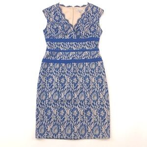 Simply Liliana blue metallic gold lace overlay bodycon midi dress Size 4